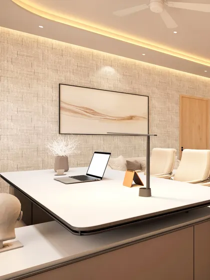 The Principal's Room combines authority with comfort. I used a textured wallpaper, a sleek, modern desk, and soft, indirect cove lighting to create a professional and welcoming workspace for leadership.