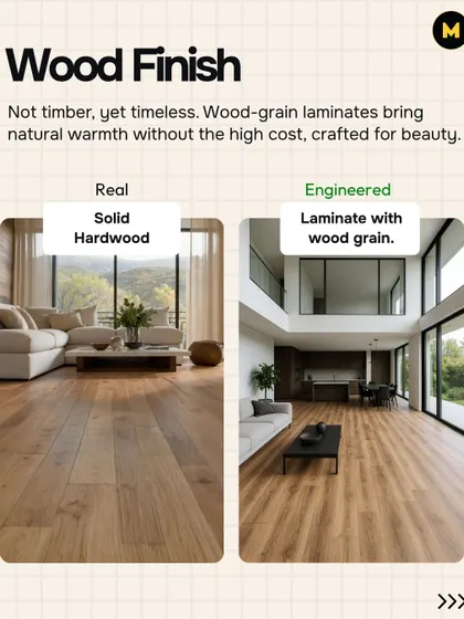 The floor on the right is a laminate with a wood grain finish. It brings natural warmth without the high cost and maintenance of solid hardwood, making it a smart and beautiful choice.