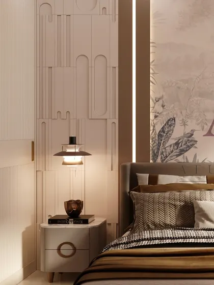 Detail of a bedroom corner, showing textured geometric wall paneling next to a serene, botanical-themed wallpaper, creating a sophisticated contrast.