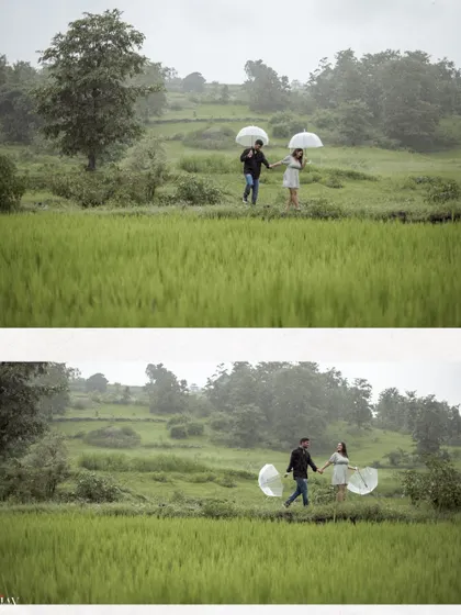 A wide shot of the couple walking through a rice paddy in the rain, creating a beautiful, atmospheric scene.