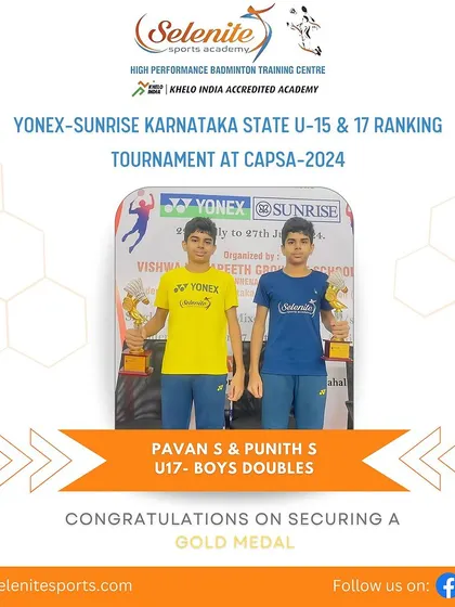 Our medal winners from the Karnataka State Ranking Tournament at CAPSA, including gold for Pavan & Punith and bronze for Adrian, Vamshi, Yadunandan, and Harshavardhan.