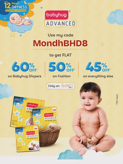 This is a promotional graphic for Babyhug Advanced diapers on Firstcry. I often partner with them to provide my followers with special discount codes.