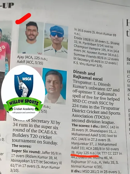 A newspaper clipping celebrating our coach Ajay's match-winning knock of 125 in the TDCSA second division league. Our coaches lead by example on and off the field.