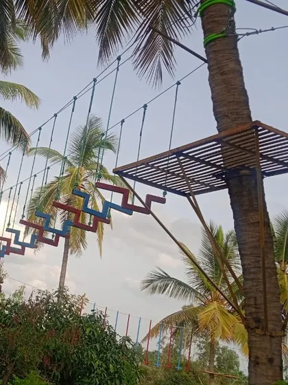 Here is a look at one of our high rope courses, designed to challenge students and build their confidence. This zig-zag bridge is just one of several elements that test balance and courage in a completely safe and harnessed setup.