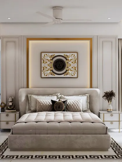 A full view of the neoclassical bedroom render, showcasing the natural light streaming in and highlighting every refined detail.