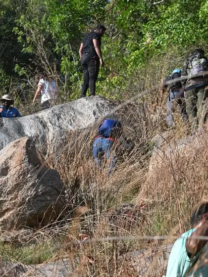 Our team navigating the rocky terrain during the hill climb. This builds resilience and teamwork.