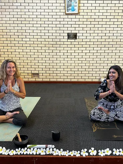 A moment of gratitude with a fellow yoga teacher after a "Sunday Feel Good Meditation" class at Geraldton Yoga Club.