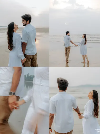 A collage of serene beach moments. These pre-wedding shots capture the couple holding hands and walking by the water, telling a story of love in motion.