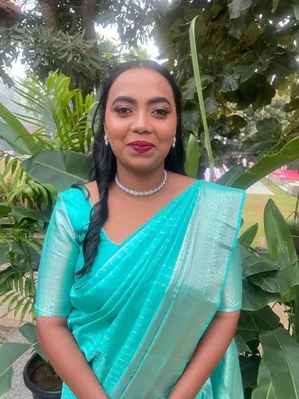 Simran, ready for her ring ceremony. I created a fresh and pretty look with pink tones on the eyes and lips to complement her beautiful turquoise saree.