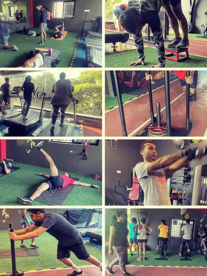 A collage capturing the diverse activities at the gym, from cardio and sleds to core work and kettlebell swings.