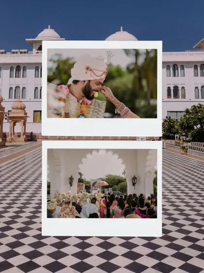 Fun and traditional moments from the groom's welcome ceremony at his Udaipur wedding.