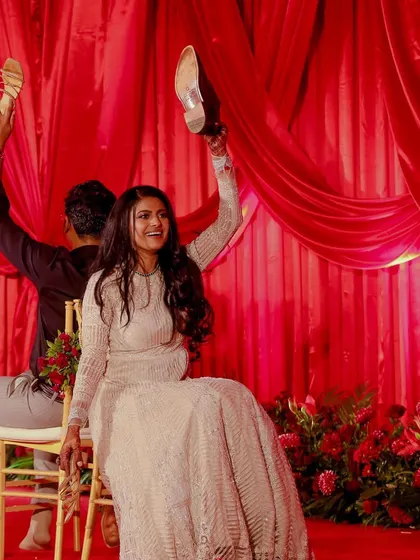 The classic shoe game is always a hit at a Sangeet. I love incorporating fun, interactive games that get guests laughing and reveal sweet and funny stories about the couple.