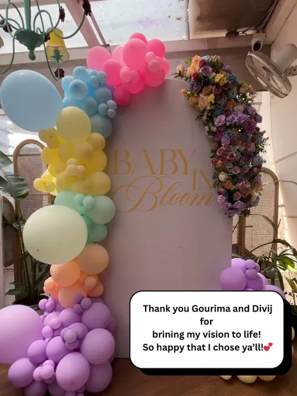 A client's testimonial for their "Baby in Bloom" shower, thanking us for bringing their vision to life with a colorful balloon and floral arch.