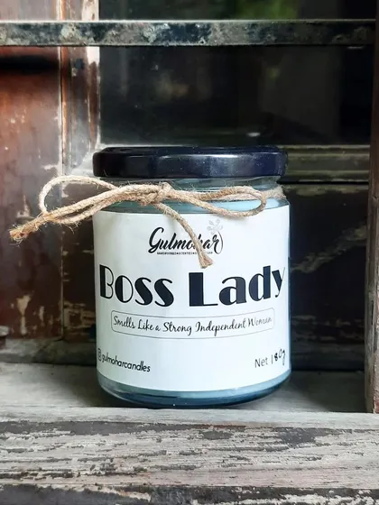 Another angle of the "Boss Lady" candle, tied with a simple jute string.