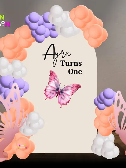 From mockup to reality. This image shows the digital design for Ayra's butterfly-themed backdrop, which I then brought to life exactly as planned.