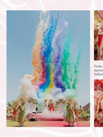 A spectacular moment of celebration with a rainbow of colored smoke erupting behind the couple. This shot captures the grand, festive, and colorful spirit of their wedding day.