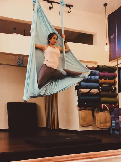 With every practice, I fall more in love with the process. This seated split in the hammock is a great way to work on hip flexibility while feeling fully supported.