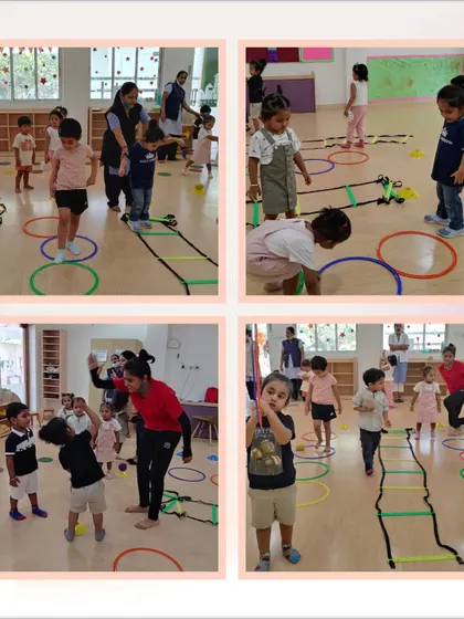Here you can see a variety of stations set up for our sports activities. We keep things dynamic and engaging by rotating through different challenges that target different muscle groups and skills.