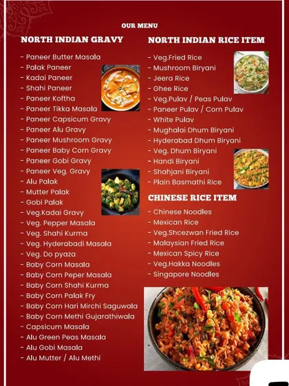 This menu highlights our North Indian main courses. It includes a variety of paneer gravies, vegetable curries, and rice items like Biryani and Pulao.