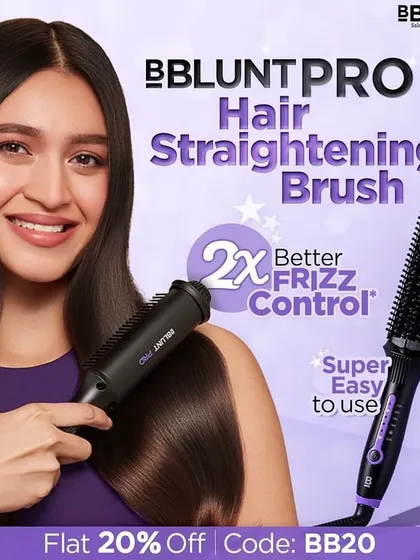 A promotional graphic for the BBlunt Pro Hair Straightening Brush. The ad highlights the tool's "2X Better Frizz Control" with a smiling model, making it appealing for customers seeking easy-to-use styling solutions.