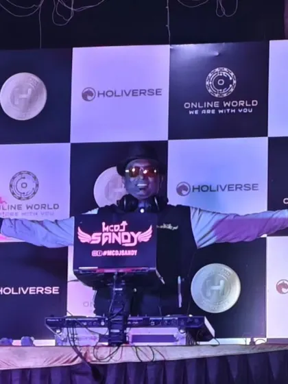 My setup for the Holiverse Bitcoin company event. I'm ready to bring the energy with a specialized set for this unique corporate party.
