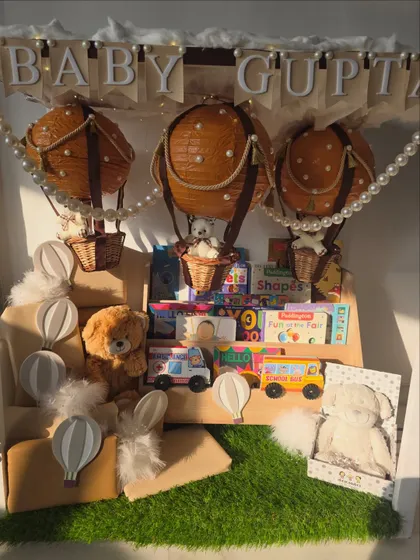 A well-lit shot of the 'Baby Gupta' hot air balloon setup, capturing the magical and whimsical feel of the gift.