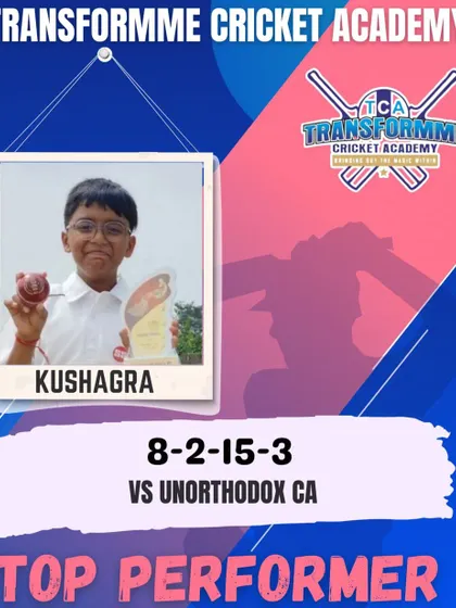 Kushagra's top performance, taking 3 wickets against Unorthodox CA.