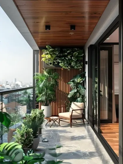 This modern balcony features a mix of materials, including tiled flooring, a wooden ceiling, and a slatted wood accent wall. The comfortable armchair and abundant plants create a serene reading nook.