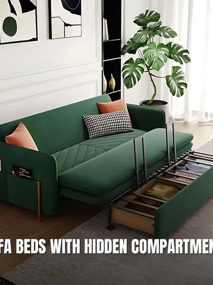 A sofa bed with a hidden storage compartment is a game-changer for guest rooms or small apartments. This green velvet sofa is as stylish as it is practical.