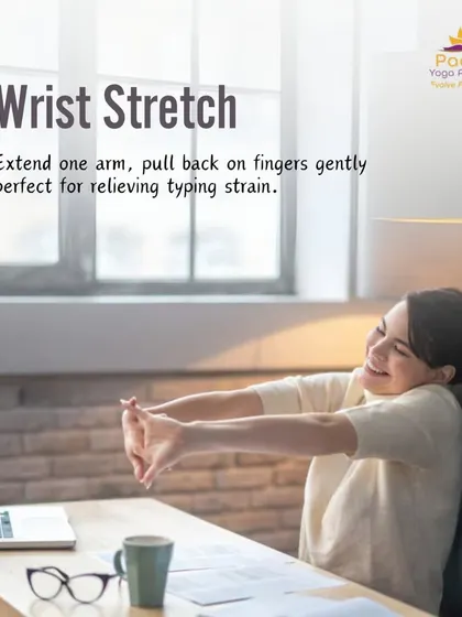 Relieve typing strain with a simple wrist stretch. Extend one arm and gently pull back on your fingers to stretch the forearm and wrist. Remember to do both sides.