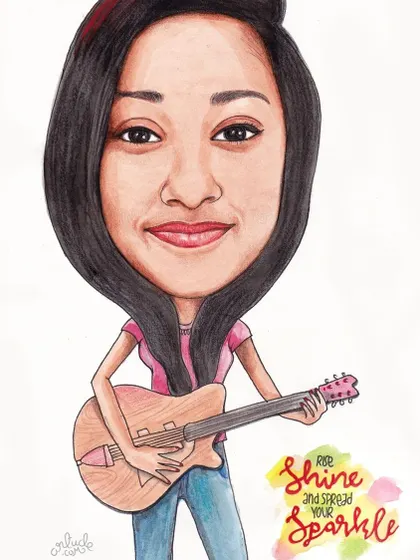 A personalized birthday caricature for a guitar player, with an uplifting message to 'Shine and Spread Your Sparkle'.