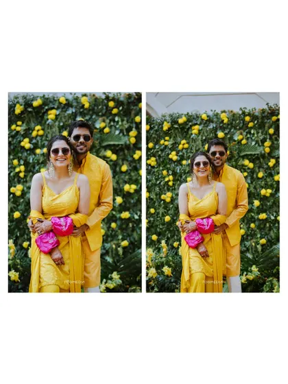 A collage showing the couple's stylish poses against a vibrant yellow floral backdrop at their Haldi.