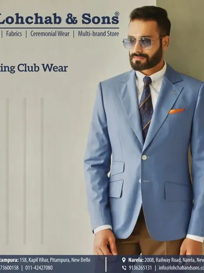 We offer exciting club wear for your social engagements. This light blue blazer provides a fresh and modern look that is perfect for an evening out, combining sharp tailoring with a contemporary color.