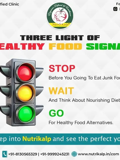 I use a simple traffic light analogy to guide your food choices. Stop before eating junk, wait and think about nourishing options, and go for healthy alternatives.