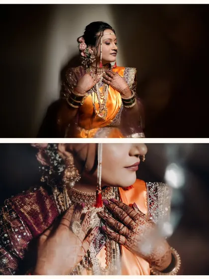 A diptych focusing on the bride's serene beauty and intricate details. The top frame captures her peaceful expression, while the bottom highlights her henna-adorned hands and traditional jewelry.