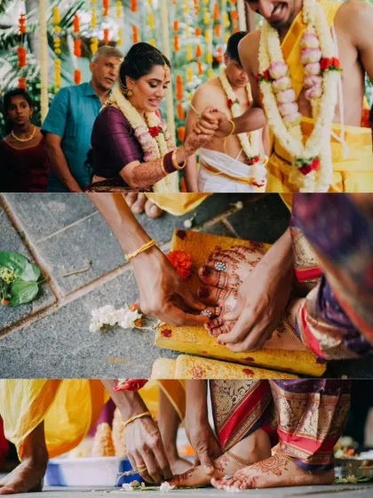 A collage detailing the traditional rituals involving the couple's feet, symbolizing respect and the start of their journey together.