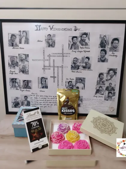 The character-themed frame for Vijayendra Kumeria, shown here with accompanying gifts of chocolates and scented rose soaps.