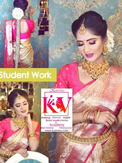 A beautiful example of a student's portfolio work. She has created a classic bridal look with a modern touch, including a clean hairstyle and glowing skin.