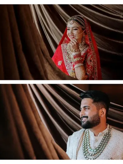 A diptych of the bride and groom in their wedding attire, captured in a dramatic, artistic style with rich, dark curtains as a backdrop.