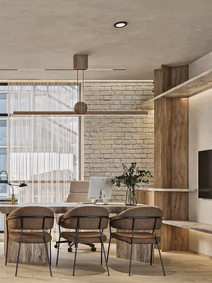 We love mixing materials to add character. This cabin combines a rustic exposed brick wall with clean, modern wood shelving and a minimalist pendant light, creating a balanced design that feels both industrial and warm.