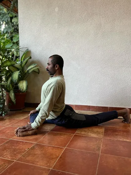This series shows the preparatory poses for Yoga Dandasana, including variations of Ardha Matsyendrasana, Eka Pada Rajakapotasana, and Baddha Virabhadrasana. It highlights the importance of preparing the body with twists and hip openers.