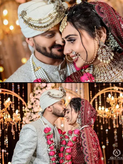 A collage of tender moments from the wedding ceremony. A close-up of their loving gaze is paired with a gentle kiss on the forehead, telling a story of deep affection.