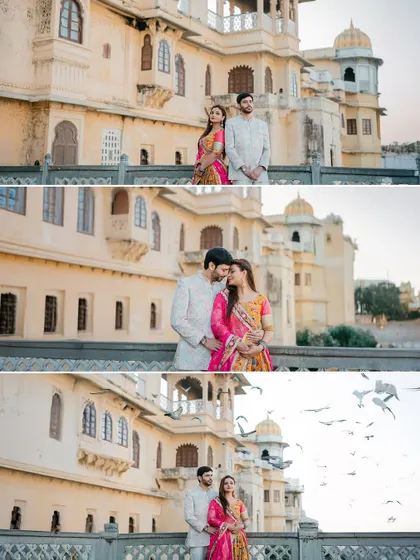 A series of three images from a royal Udaipur shoot, showing a range of poses from formal portraits to a magical moment with flying pigeons.