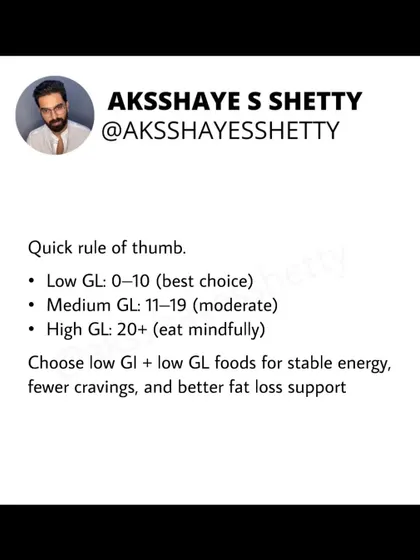 A quick rule of thumb for Glycemic Load (GL): 0-10 is the best choice, 11-19 is moderate, and 20+ should be eaten mindfully. Choosing low GI and low GL foods helps stabilize energy and support fat loss.