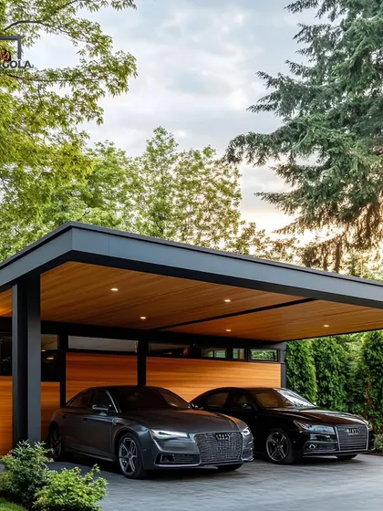 A premium, modern carport designed to complement a luxury home. The structure features a solid roof with a wood-paneled ceiling and integrated lighting, protecting vehicles while enhancing the property's exterior.