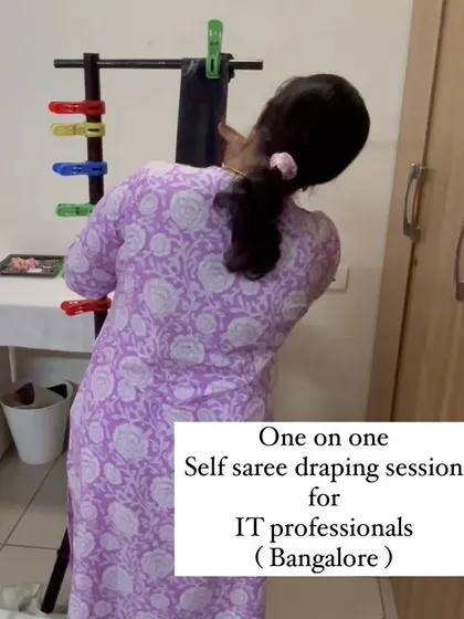A student practicing her pleats during a one on one session in Bangalore. The stand and clips are tools I use to make the learning process easier for beginners.