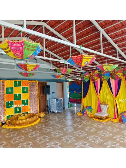 A wide view of the colorful Mehendi setup.