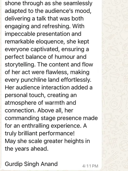 A screenshot of a wonderful review I received after a show in Coimbatore. Feedback like this, praising my "impeccable presentation and remarkable eloquence," means the world to me.