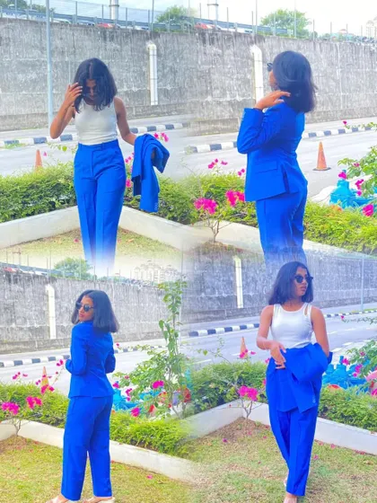 A collage showcasing different ways to style the custom royal blue blazer suit.
