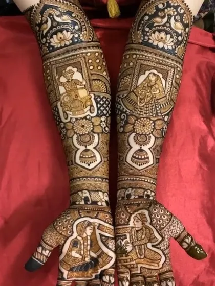 A design that captures multiple wedding ceremonies. The palms show the 'sindoor' moment, while the arms depict the doli and other rituals.